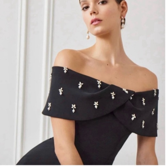 Rickie Freeman For Teri Jon Off-Shoulder Jewel-Embellished Crepe Midi Dress NEW - Picture 6 of 15